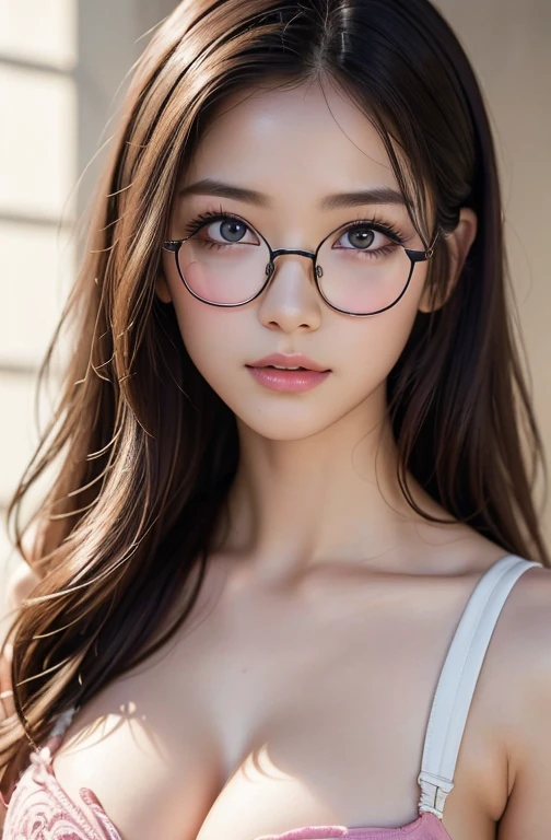 Tabletop、(masterpiece:1.3), (8k, Photorealistic: 1.4, RAW Photos, Best image quality: 1.4), Japanese Idols、Super detailed face、Attention to detail、Genuine、 double eyelid、Big and attractive eyes、Perfectly beautiful eyes、 Sharp focus:1.2、Beautiful woman:1.5、 Light brown hair、 Highest quality、masterpiece、Ultra-high resolution、Depth of written boundary、Perfect Shadow、(Photorealistic:1.4)、 Highly detailed and professional lighting、 Perfectly shaped、Symmetrical face、beautiful girl、Glowing Skin、Sharp focus, Perfect Anatomy,Realistic Light、Large black-rimmed glasses、realistic glasses、Business district、Full body view、