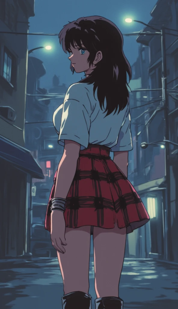 masterpiece, illustration, old anime, cowboy shot, 
1girl, solo,  
black long hair, 
(((school uniform))), half thigh socks, 
urban background, night scenary, 
sensual pose, sensual smile, hands behind back,