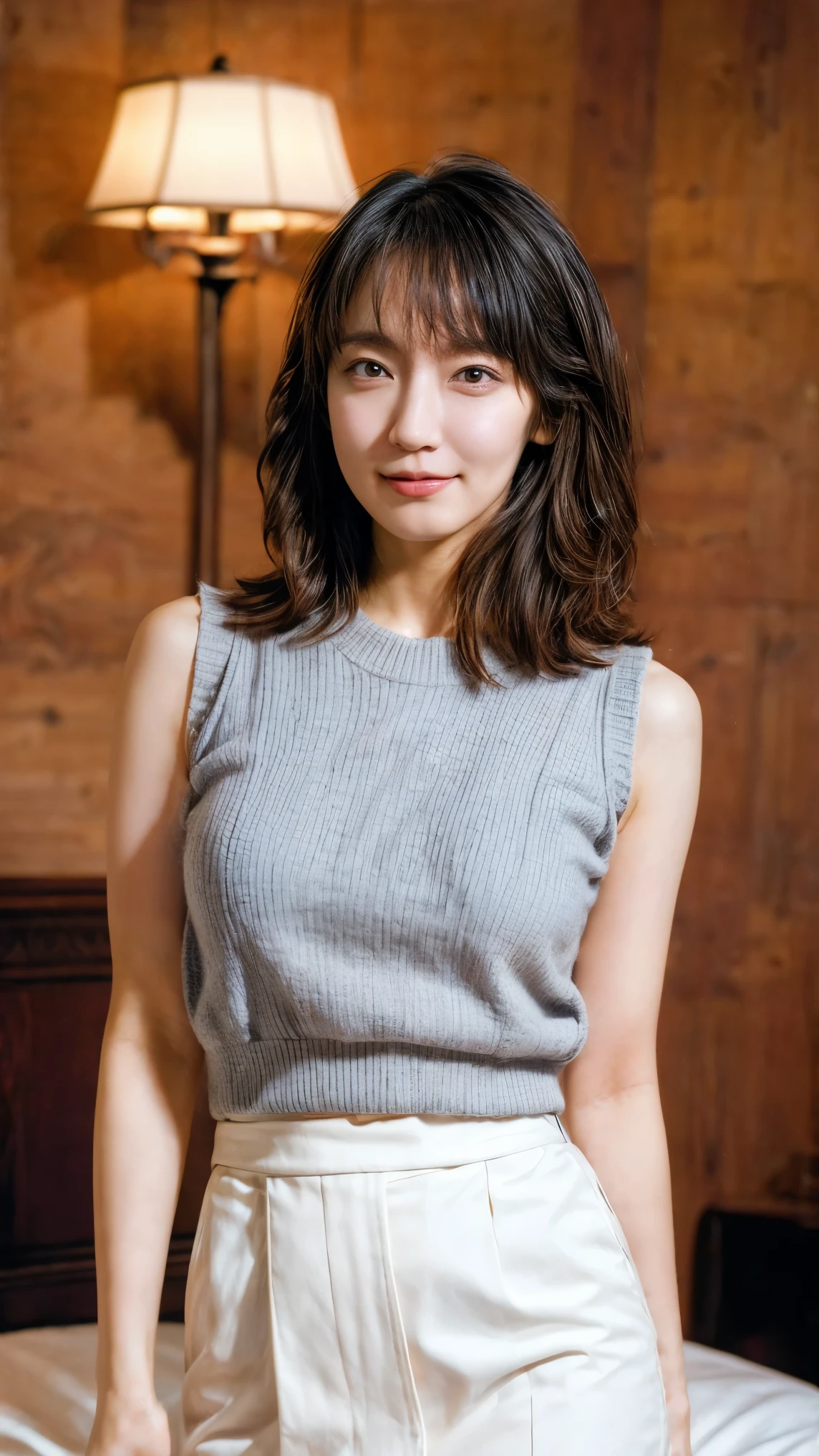 high resolution photograph of a Japanese actress, (realistic, photo-realistic), (best quality, masterpiece), 8k, RAW photo, extremely detailed, intricate details, sharp details, sharp focus, professional lighting, solo, 1girl, beauty and elegant lady, wearing a sleeveless sweater, tight skirt, detailed face, detailed eyes, sophisticated nose, smile, big breasts, photo background, indoors, luxury hotel room,