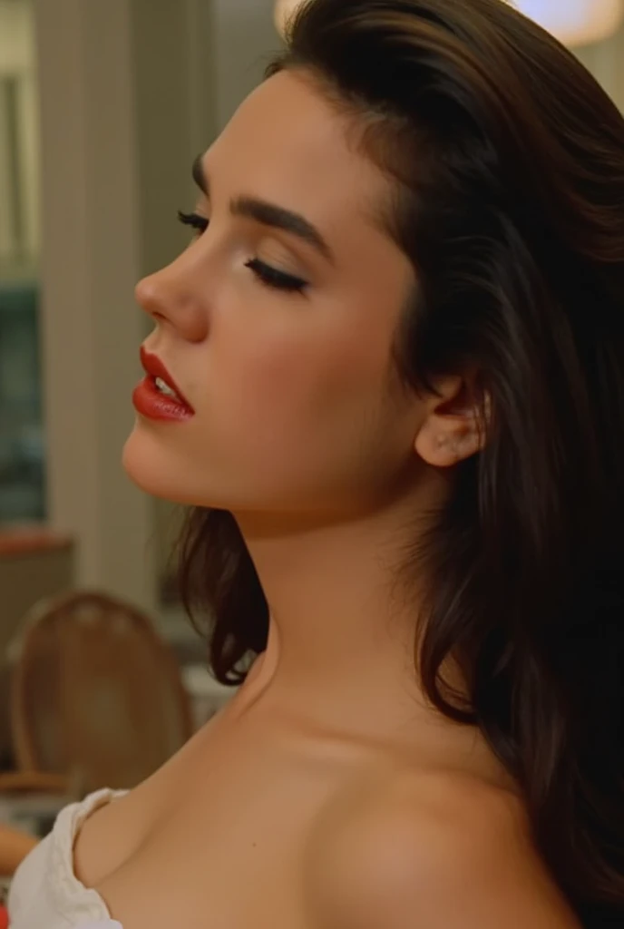 A vivid close-up of Jennifer Connelly, profile from her side,closed eyes, opened mouth, in ecstasy,