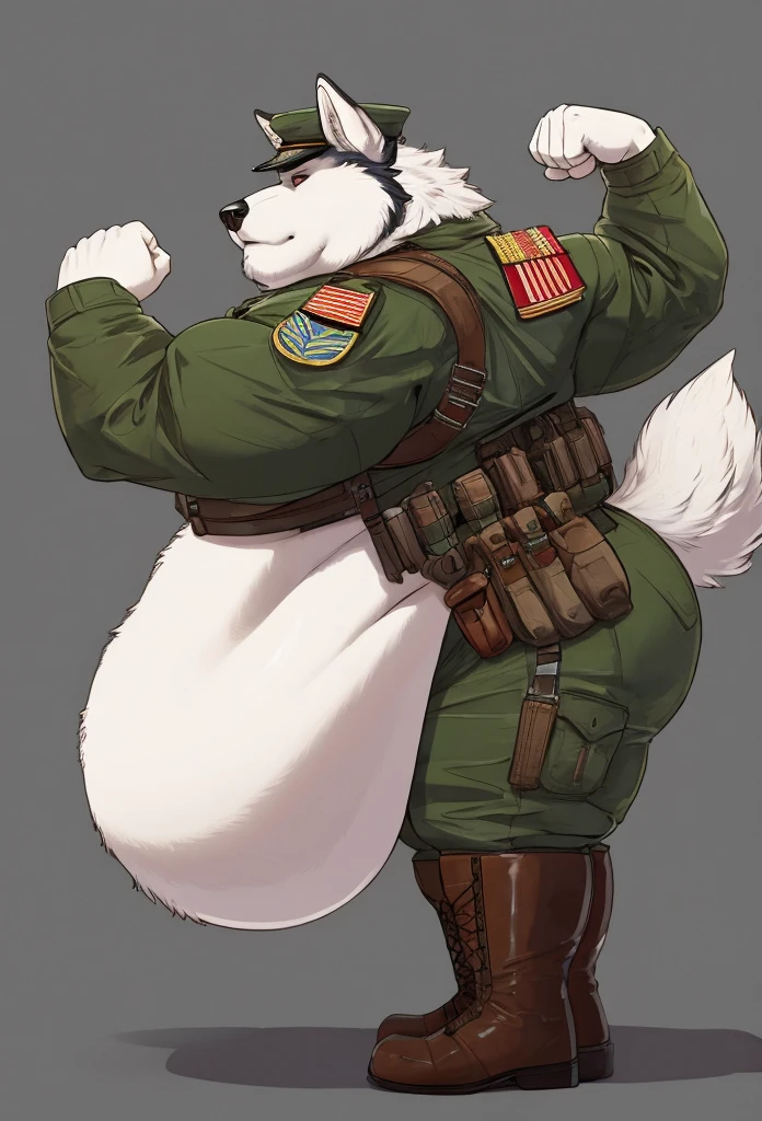 Very extremely morbidly-Obese Wolf with unbelievably very very very extremely massive overhang white belly, wears Boots, Wears full military uniform, side view, Flexing