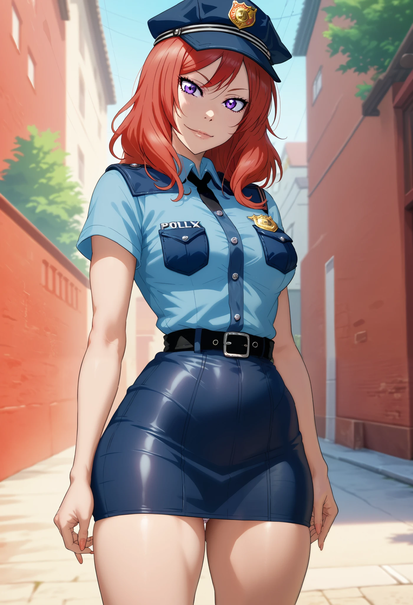 Female, Curvy body shape, Red hair, Bold geometric design, nishikino maki, sexual and bold posture, Outdoors, RUKIA Style,long hair, purple eyes,looking at viewer,seductive smile,thin torso, narrow waist, police clothes,short skintight skirt, police cap,long girl, underwear peek,panty shot