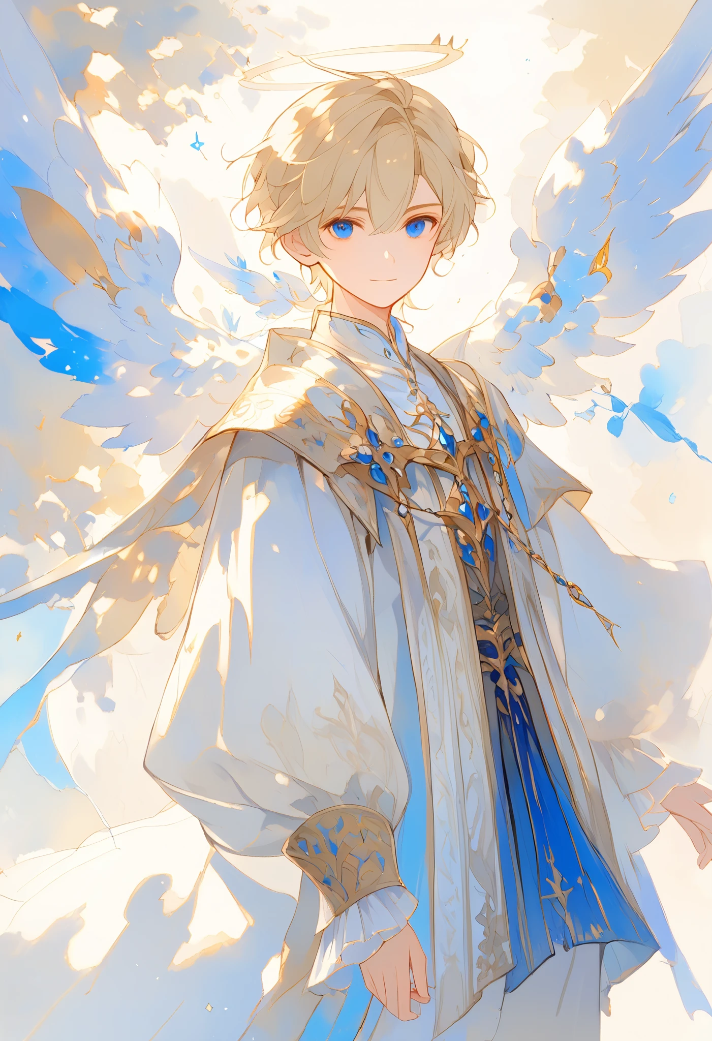  full body watercolor, A young angel man, Straight blonde hair,  blue eyes ,  white wings, Prince clothes , Medieval fantasy,  located in the lower right corner , low contrast watercolor , soft line ,  young man with a beautiful face , friendly, kind smile, cute,  extreme beauty , soft features, ethereal,  blue eyes , Blue eyes