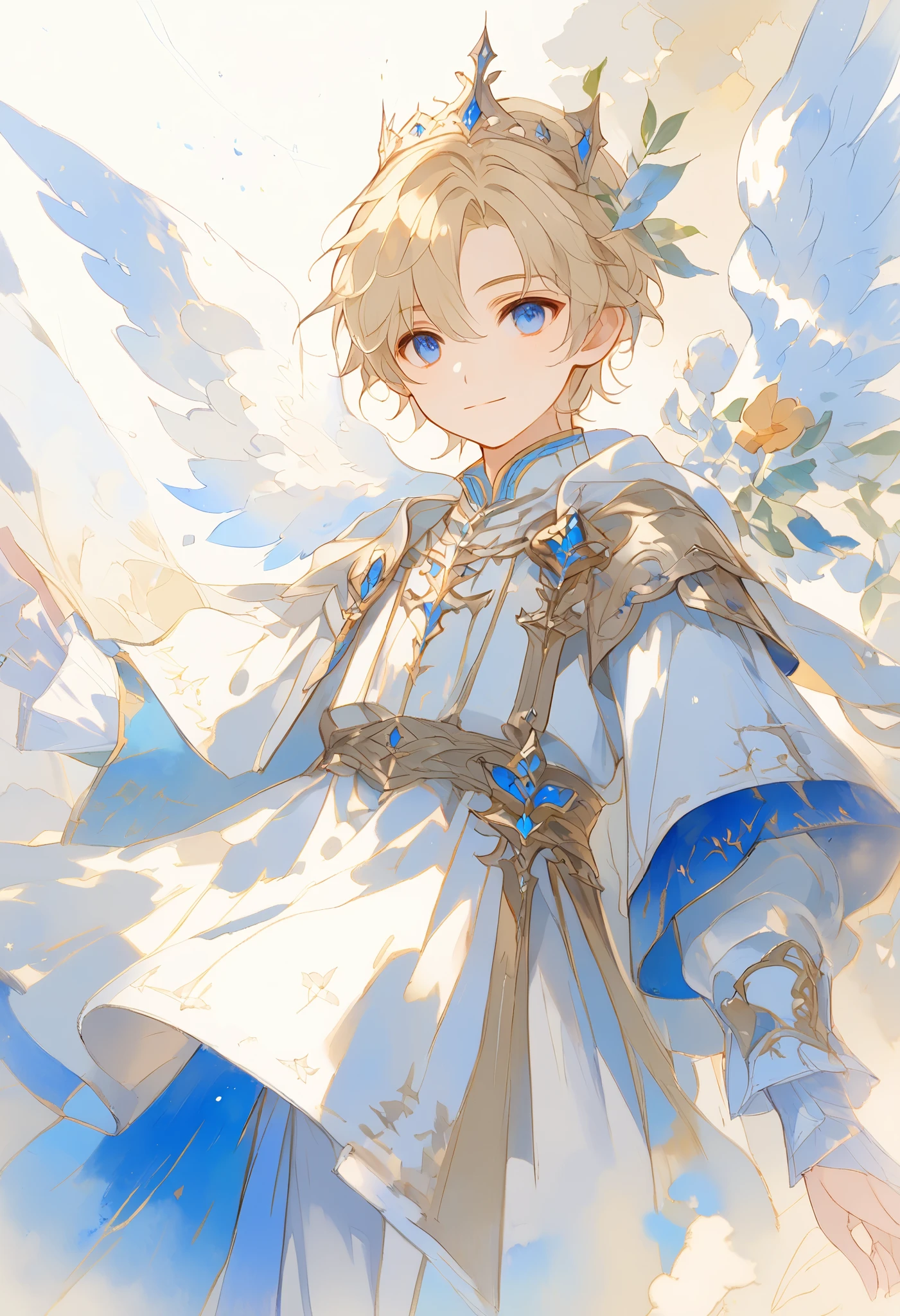 full body watercolor, A young angel man, Straight blonde hair,  blue eyes ,  white wings, Prince clothes , Medieval fantasy,  located in the lower right corner , low contrast watercolor , soft line ,  young man with a beautiful face , friendly, kind smile, cute,  extreme beauty , soft features, ethereal,  blue eyes , Blue eyes