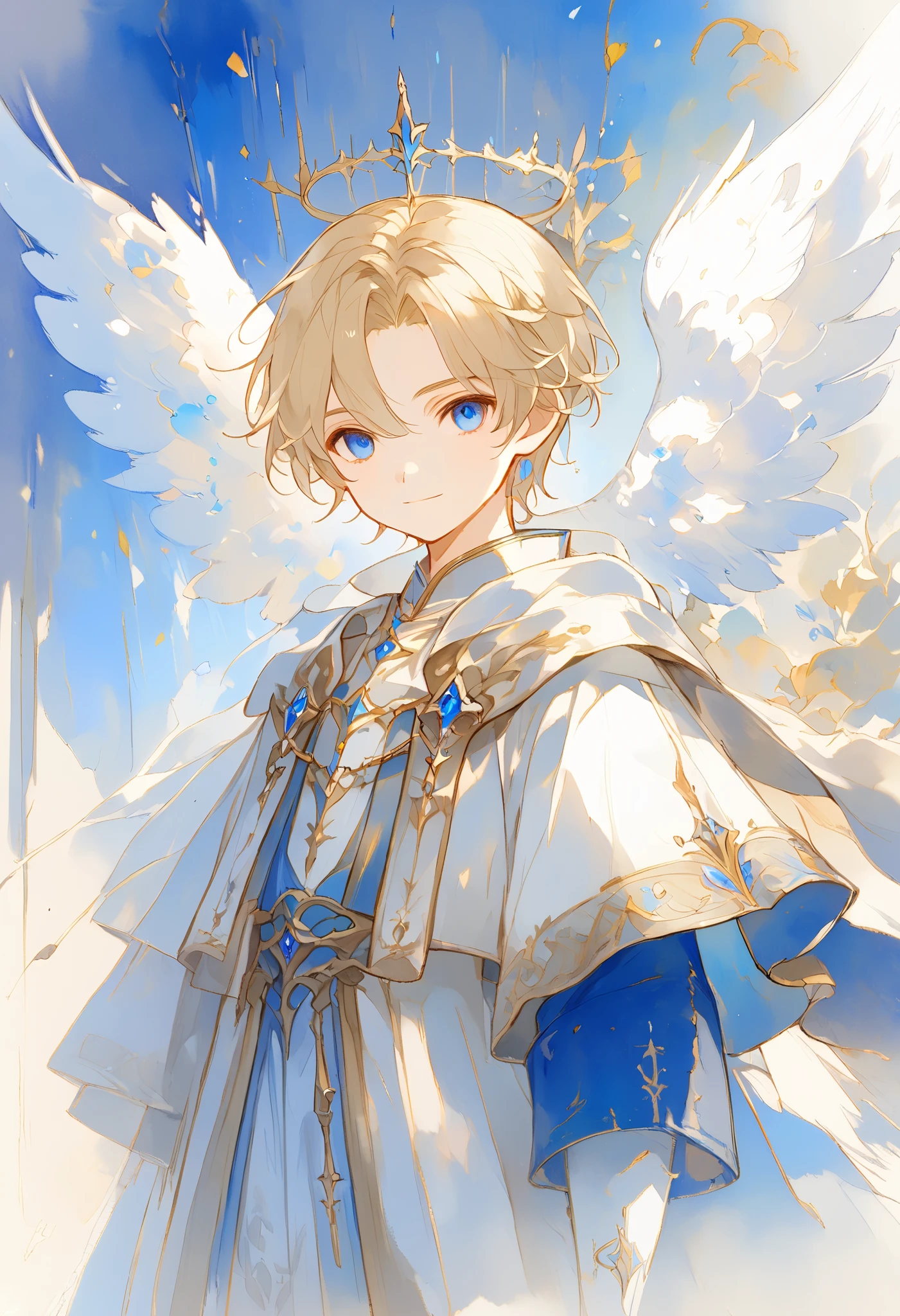 full body watercolor, A young angel man, Straight blonde hair,  blue eyes ,  white wings, Prince clothes , Medieval fantasy,  located in the lower right corner , low contrast watercolor , soft line ,  young man with a beautiful face , friendly, kind smile, cute,  extreme beauty , soft features, ethereal,  blue eyes , Blue eyes