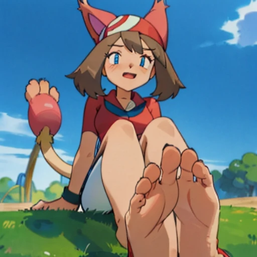 character_pokemon_may, may \(pokemon\), Maypokemon, barefoot, bare legs, soles, bandana, POKEMON_CHARACTER_MAY, barefoot, blue eyes, brown hair, red bandanna, red shirt, white skirt, blue shorts, bike shorts, medium breasts, barefoot, bare legs, long tail, big tail, long tail, tail, May shows her feet and soles, open mouth, bashful, embarrassed, blushed, blush, smile, foot focus, looks at viewer, foot tease, foot fetish, high soles, feet posing, Commission for high resolution, low resolution, detailed feet towering over you, detailed feet looming over you, Foot Art POV, Detailed legs、sole of feet, bare-legged, two legs, two feet, sitting, good face, good eyes, cat girl, catgirl, cat ears, pink ears, tail, cat tail, pink tail, big cat ears, skitty, Skitty ears, Skitty tail, Pokemon