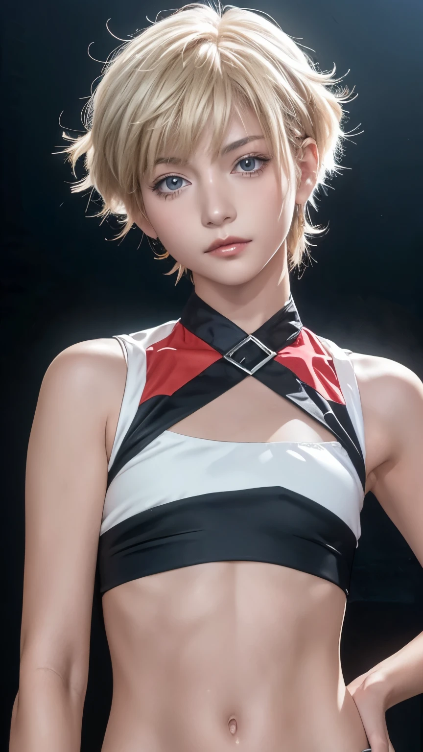 resolution,Sharp focus、(Super detailed,Very detailed)、(Photorealistic artwork:1.37)、(Very detailed CG unity 8k wallpaper)、(((Vibrant colors,Vibrant Themes)))、(Complex)、(masterpiece)、(Highest quality)、Artistic photography、(Photography by sldr)、(Complex background)、perfectly rendered face、Perfect facial details、Realistic Face、((Complex detail)),(((realism))),フォトrealism ]!!!、Smooth anime CG art、アニメrealism、3D Anime Real(masterpiece、Premium Quality:1.2)、Photo of a boy、Beautiful Boy、Blonde Boy、Boy with medium short hair、A boy with short hair covering his ears、Japan Boy、Cute boy、-yeld bolim boy、Slender boy、Neutral boy、Femboy、A boy with feminine, soft body lines、A boy with a slender body、shiny and smooth skin、((Flat Chest 1.5))、A boy who looks like Hokuto Yoshino、(Race Queen Costume: 1.2)、Watching the audience、Stick your butt out、deep navel、choker