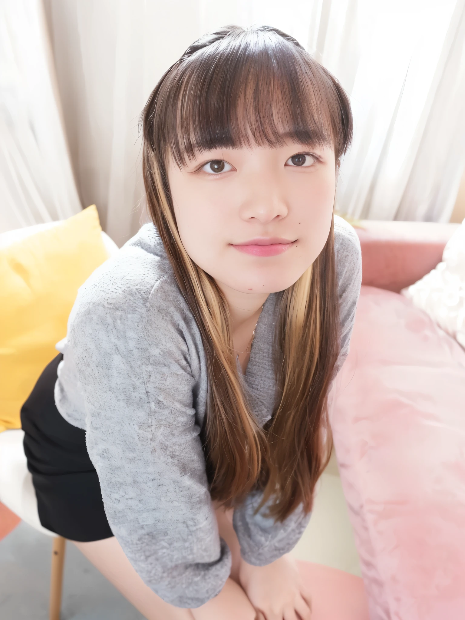 there is a woman sitting on a couch with a pillow, chiho, taken with canon eos 5 d mark iv, narumi kakinouchi, Yoshitomo Nara, taken with canon eos 5 d, nishimiya shouko, taken with canon 8 0 d, taken with canon 5d mk4, harumi