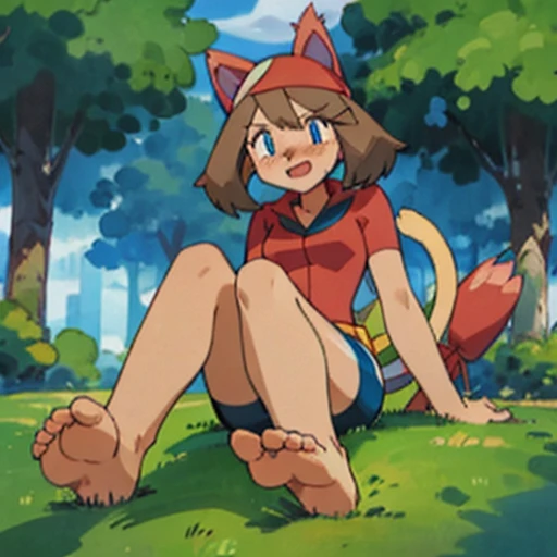 character_pokemon_may, may \(pokemon\), Maypokemon, barefoot, bare legs, soles, bandana, POKEMON_CHARACTER_MAY, barefoot, blue eyes, brown hair, red bandanna, red shirt, white skirt, blue shorts, bike shorts, medium breasts, barefoot, bare legs, long tail, big tail, long tail, tail, May shows her feet and soles, open mouth, bashful, embarrassed, blushed, blush, smile, foot focus, looks at viewer, foot tease, foot fetish, high soles, feet posing, Commission for high resolution, low resolution, detailed feet towering over you, detailed feet looming over you, Foot Art POV, Detailed legs、sole of feet, bare-legged, two legs, two feet, sitting, good face, good eyes, cat girl, catgirl, cat ears, pink ears, tail, cat tail, pink tail, big cat ears, skitty, Skitty ears, Skitty tail, Pokemon