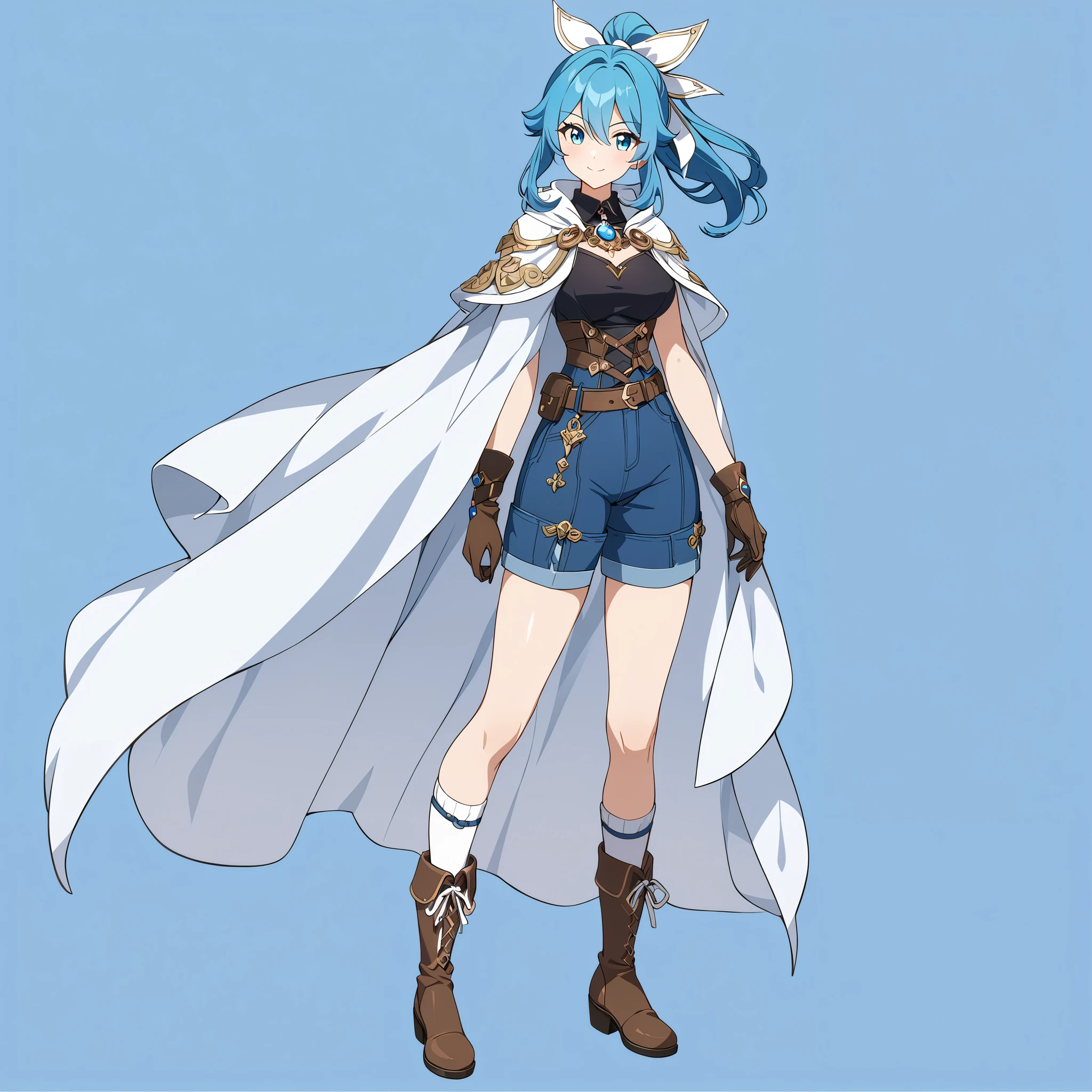 1girl, smile, white big ribbon, vivid blue hair, long blue ponytail, hair ribbon, white cape, black tank top, blue shorts, brown belt, brown boots, gloves, confident expression, standing pose, full body, anime art style, detailed design, highres, masterpiece, fantasy outfit, modern adventurer, ornate brooch, white and blue color palette, thigh-high socks, masterpiece, genshin art style, best quality, amazing quality, very aesthetic, highres, incredibly absurdres