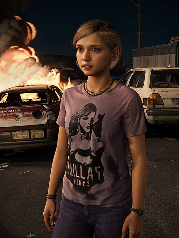 ( Sarah from The Last of Us wearing a checkered t-shirt with medium blond hair、燃え盛る夜の街で、 there are a lot of wrecked cars 、 standing and scared in a burning night town )
 1 girl, Alone, Alone focus,  Hard Focus ,  Film Grain , 4K,  high detail, Volumetric Light,  top quality,   Masterpiece ,  Intricate Details,  Hyper Details 