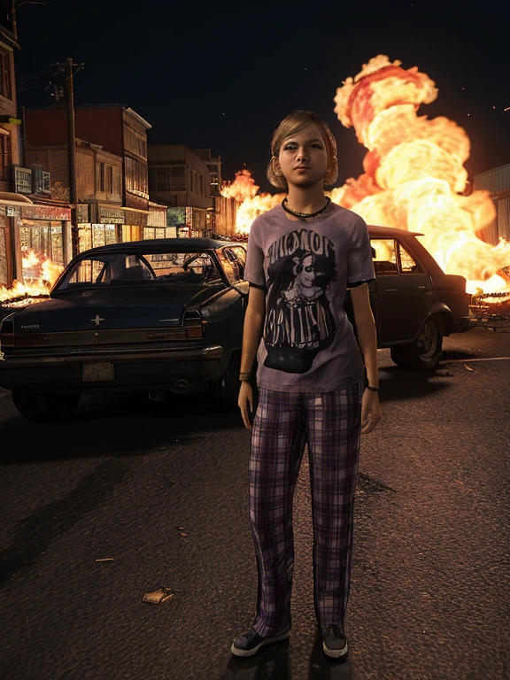 ( Sarah from The Last of Us wearing a checkered t-shirt with medium blond hair、燃え盛る夜の街で、 there are a lot of wrecked cars 、 standing and scared in a burning night town )
 1 girl, Alone, Alone focus,  Hard Focus ,  Film Grain , 4K,  high detail, Volumetric Light,  top quality,   Masterpiece ,  Intricate Details,  Hyper Details 