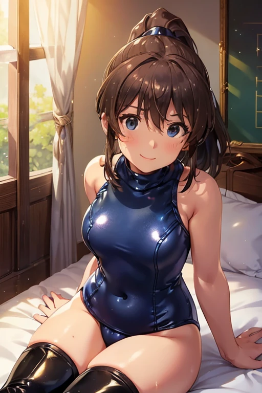 光沢のある brown hair,  long hair, ,  brown hair,  ponytail、, ( beautiful brown eyes、  Sparkling Eyes  , fine grain)、smile、 ultra-detailed eyes sandwiched between columns、 very detailed faces ,  extremely detailed eyes, Cowboy Shots、
 high definition , woman ,  good lighting , Despicable, , (Please sit on the bed in the ), ((( Shiny Dark Blue School Swimsuit))), (()), ((( leather knee-high boots ))), (), Abdominal area only, ,  ,   cute face,  blush, Humiliating, (( Sitting Legs )), (( sweaty ))((Adhesive sticks to swimsuit .)) room where your clothes are undressed、