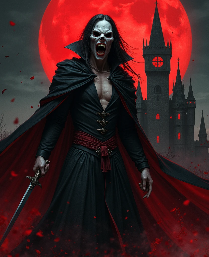 ascribed image of a man in a red cloak, standing in front of the castle, Fantasy Vampires, gothic fantasy art, Spelling, Spelling inspired, Dracula's Castle, dark fantasy artwork, dark fantasy art, Castelvania, dark fantasy concept art, dark fantasy horror art, deep crimson and dark shadows, dark fantasy art, vampire lord, an ominous fantasy illustration