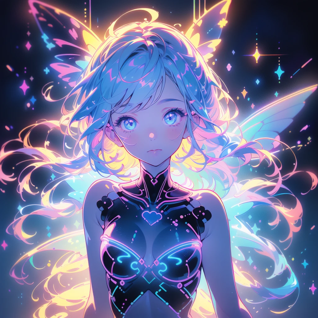 A full body view of an anime fairy with wings made from glowing neon lights, colorful , detailed hair and eyes, vibrant colors, black background, in the style of digital art, in the style of fantasy illustration.
