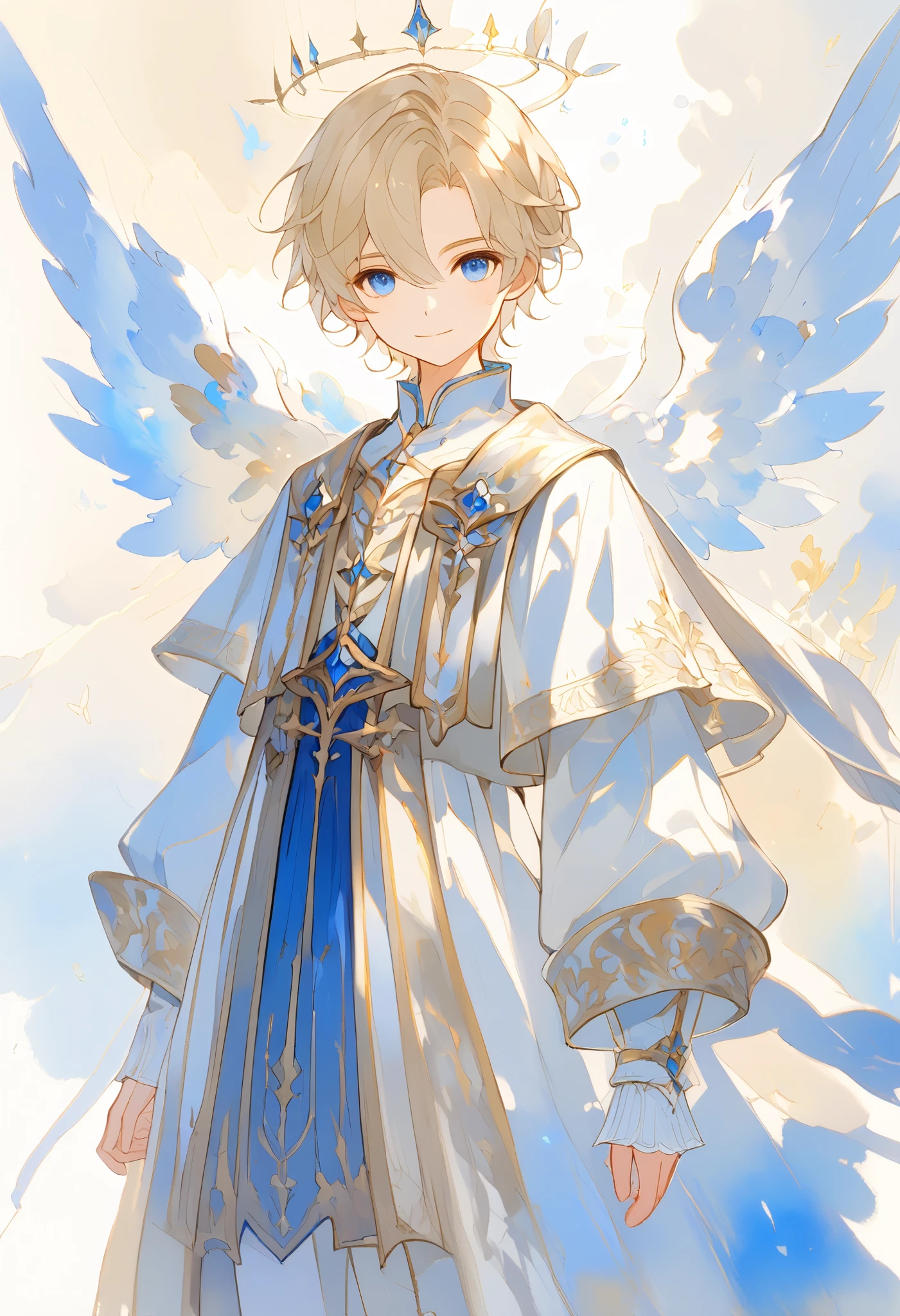  full body watercolor, A young angel man, Straight blonde hair,  blue eyes ,  white wings, Prince clothes , Medieval fantasy,  located in the lower right corner , low contrast watercolor , soft line ,  young man with a beautiful face , friendly, kind smile, cute,  extreme beauty , soft features, ethereal,  blue eyes , Blue eyes