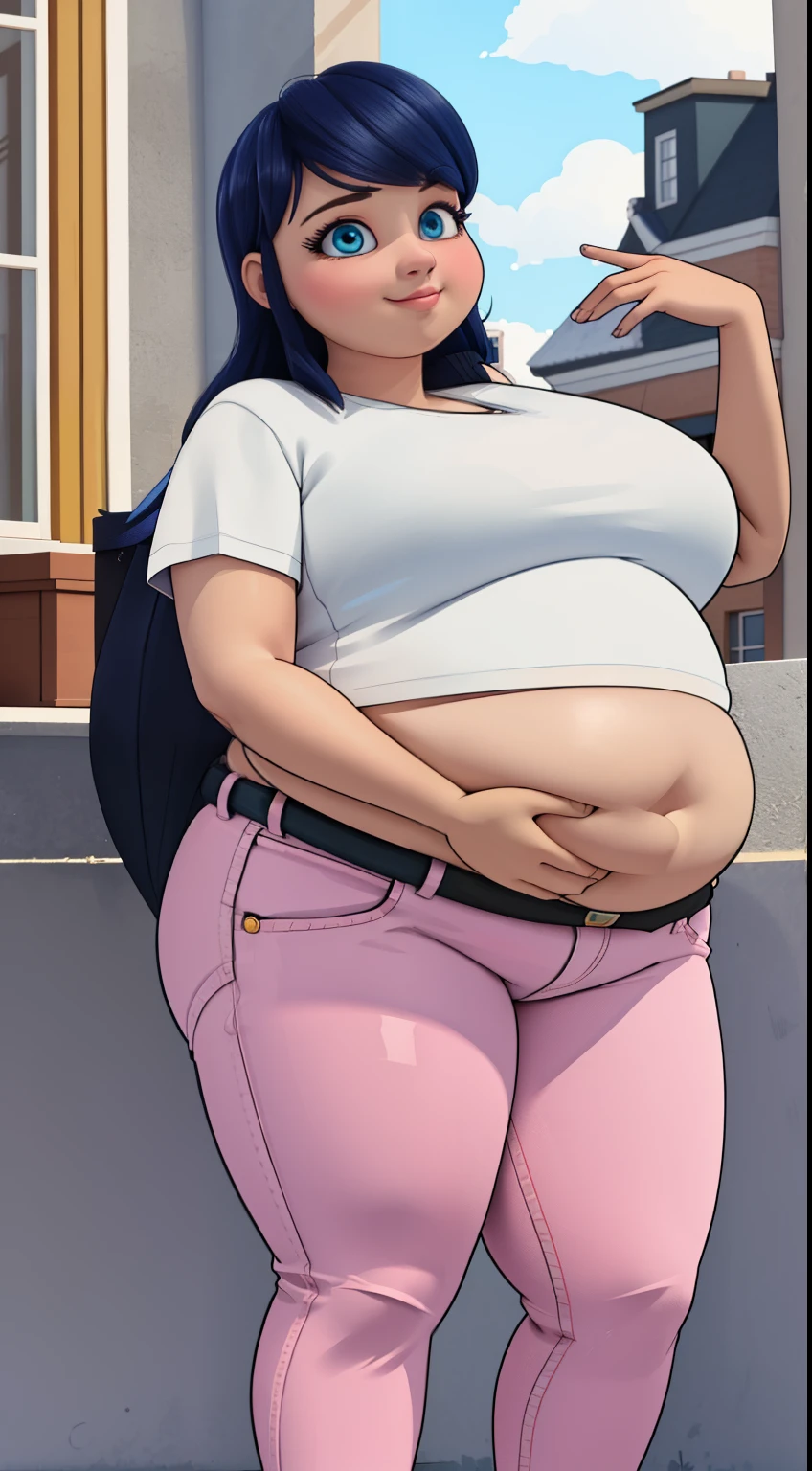 (8k, RAW photo, best quality, masterpiece:1.2), (intricate details), perfect eyes, perfect face, perfect lighting, beautiful, (masterpiece:1.2), (best quality:1.2), 1 fat girl, solo, fat marinette, body plus, obese, (morbidly obese), 500 pounds, blue hair, ((long hair down)), adult torso, slight smile, medium sized breasts, fat belly, (huge belly), wide hips, thick thighs, (white crop top shirt, pink jeans), cowboy shot, 3DMM
