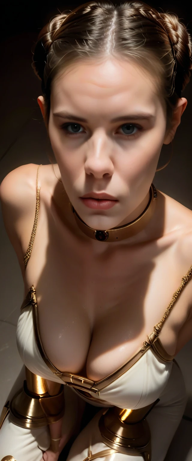  (sfw:1.8),A beautiful woman with buns,(Princess Leia),(big breasts),(slave_outfit):1.6 sensual lips,(kneeling),( performing a provocative act of fellatio):2,POV_from_her_behind:1.7, highly detailed, photorealistic, dramatic lighting, cinematic, moody, sensual, glowing skin,sensual_costume:1.5, intimate setting, alien background, rich colors, dramatic shadows, masterpiece)