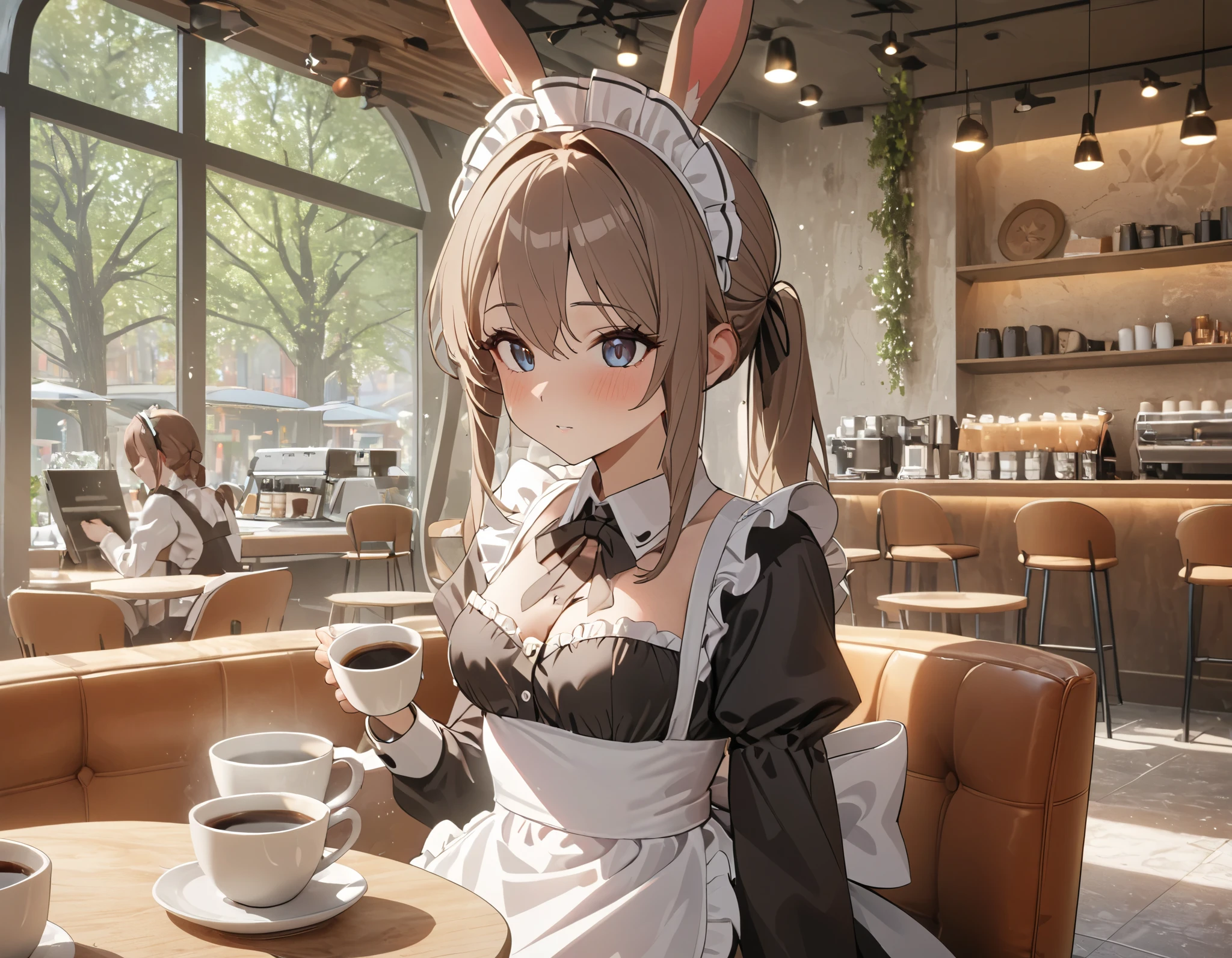 (((Best quality, 8k, Masterpiece: 1.3)), ((best quality)), ((masterpiece)), (detailed), perfect face, perfect body, (detailed skin:1.3), (intricate details), rabbit ears, maid, maid costume, maid apron, Taking a break in a cafe, coffee cup, drinking coffee