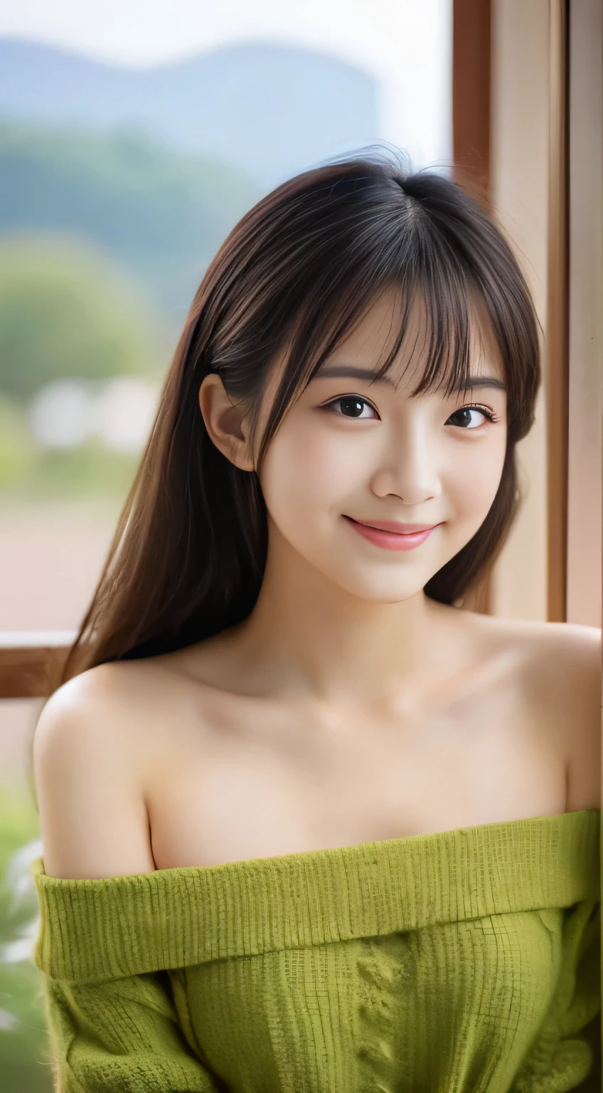 masterpiece,best quality,(Japanese girl),((Beautiful girl)),cleavage,(off shoulder:1.2),(perfect body beauty:1.2),(shy smile),From slightly above