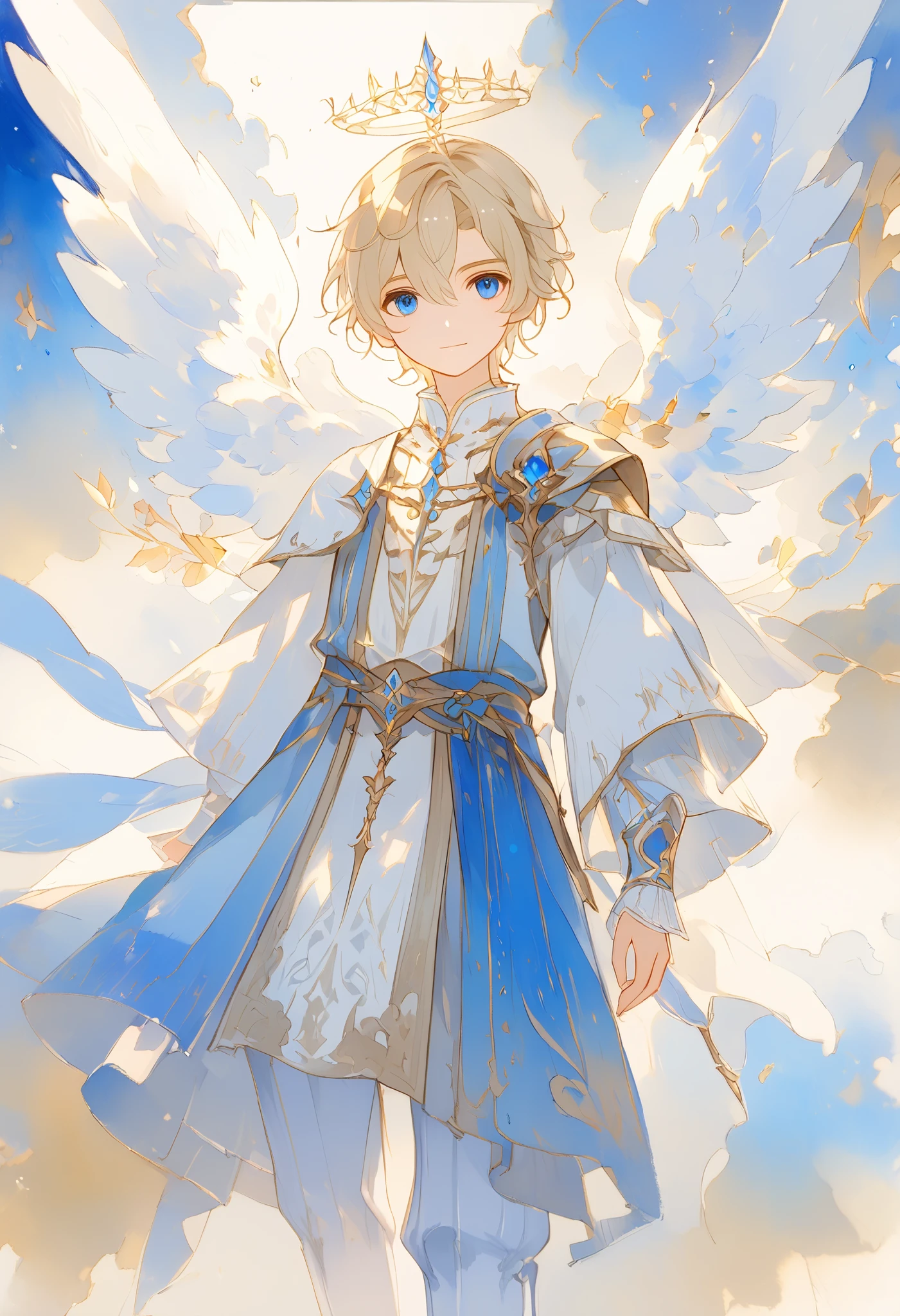 full body watercolor, A young angel man, Straight blonde hair,  blue eyes ,  white wings, Prince clothes , Medieval fantasy,  located in the lower right corner , low contrast watercolor , soft line ,  young man with a beautiful face , friendly, kind smile, cute,  extreme beauty , soft features, ethereal,  blue eyes , Blue eyes