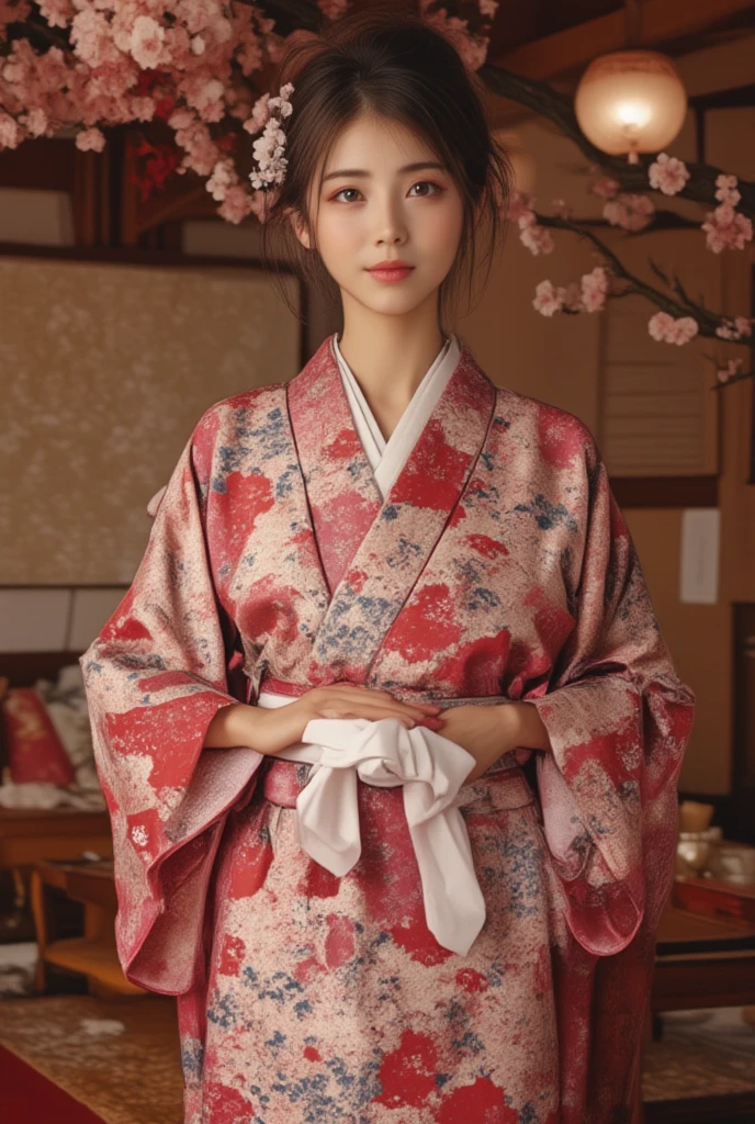 A slender asian woman is in a japanses print koso1,white thin sash with knot ,full-body-shoto, smile:1.3, in backgroun: a japanese traditional room and flowers