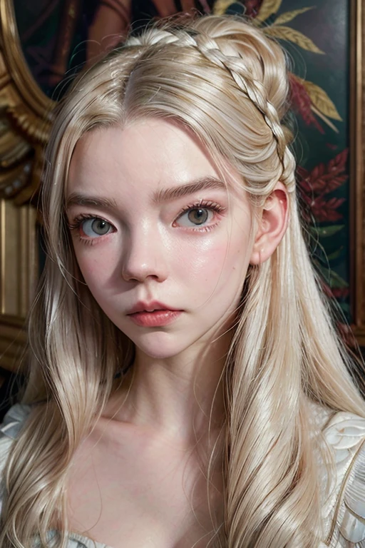 Anya Taylor Joy, beautiful detailed eyes, beautiful detailed lips, extremely detailed eyes and face, long eyelashes, woman, medium shot, tempera painting, Sandro Botticelli, venus, white hair, elegant pose, classical renaissance, dramatic lighting, vivid colors, oil painting, photorealistic, 8k, best quality, masterpiece