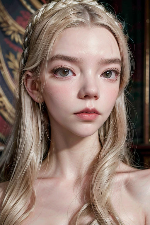 Anya Taylor Joy, beautiful detailed eyes, beautiful detailed lips, extremely detailed eyes and face, long eyelashes, woman, medium shot, tempera painting, Sandro Botticelli, venus, white hair, elegant pose, classical renaissance, dramatic lighting, vivid colors, oil painting, photorealistic, 8k, best quality, masterpiece