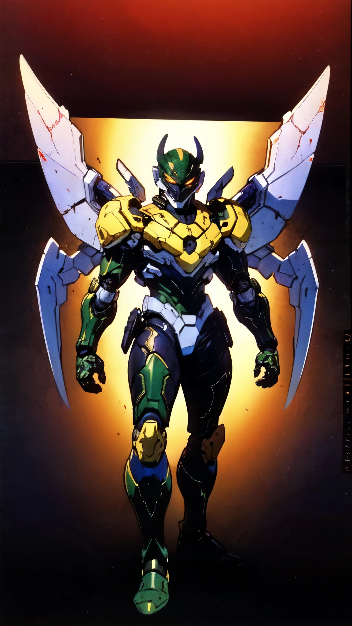 (masterpiece:1.5, best quality:1.5, extremely delicate:1.5), ((male:1.5)), a man wearing a full-face helmet, high-tech biomimetic armored combat suit, (a composite layered chest armor), the design balances heavy with agility, fully enclosed shoulder guards, matching arm and leg guards, a belt of gemstone, (the color scheme is primarily Yellow with Red and Purple accents, Organic Biotech, Concept Inspired by Vampire, glowing eyes, armor glows, huge cloak like devil wings, blood), stand of a futuristic sci-fi city, this character embodies a finely crafted fantasy-style armored hero in anime style, exquisite and mature art style, metallic, high definition, highres, ultra-detailed, ultra-fine painting, professional, perfect body proportions, golden ratio, anatomically correct, symmetrical face, extremely detailed eyes and face, high quality eyes, creativity, RAW photo, UHD, 32k, Natural light, cinematic lighting, (masterpiece-anatomy-perfect:1.2)