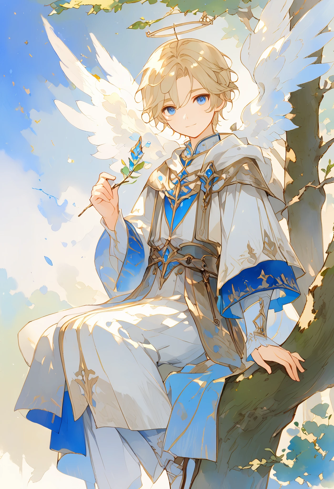 full body watercolor, A young angel man, Straight blonde hair,  blue eyes ,  white wings, Prince clothes , Medieval fantasy,  located in the lower right corner , low contrast watercolor , soft line ,  young man with a beautiful face , friendly, kind smile, cute,  extreme beauty , soft features, ethereal,  blue eyes , Blue eyes, Sitting on a tree branch