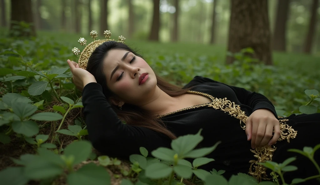 ((ultra-realistic photo)) [A 19-year-old Indonesian bride, dressed in a black Javanese wedding kebaya adorned with gold accents and a brown kebaya skirt, lies unconscious in the middle of a dense forest during the early morning. Her eyes are closed, her hand resting on her head, as if she fainted from dizziness. Her face shows traces of sadness and exhaustion, with dried tears visible on her cheeks. She is surrounded by tall, rimbun trees and thick undergrowth, creating an atmosphere of solitude and serenity. The morning light filters softly through the leaves, casting gentle highlights on her figure and the forest floor. The camera angle is close-up, focusing on her face, the intricate details of her traditional attire, and the tranquil yet melancholic beauty of the forest, rendered in ultra-realistic 8K resolution.]