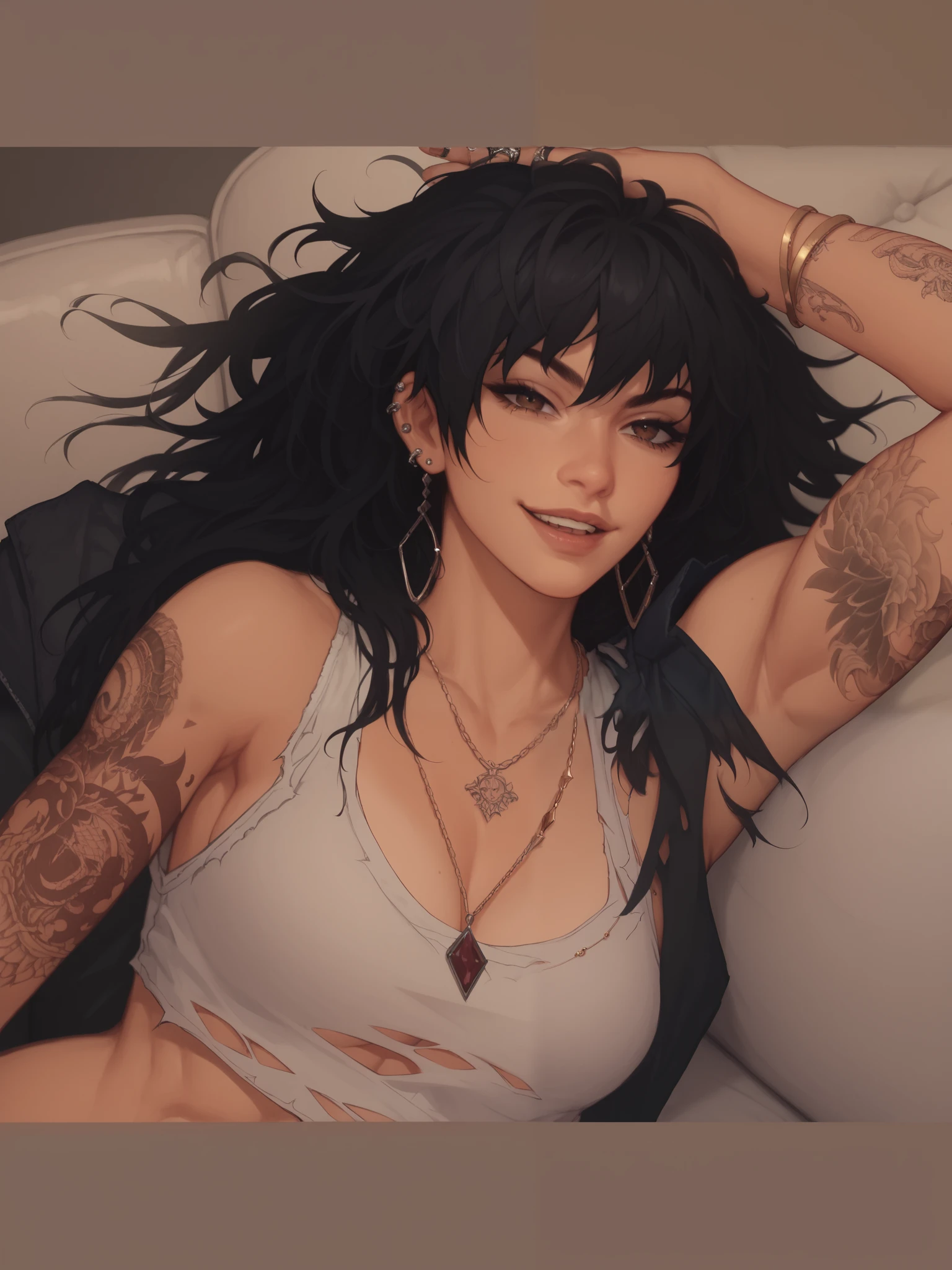 1girl, tomboy, female, shaggy black hair, brown eyes, piercings, snakebite piercings, baggy crop top, ripped crop top, black jeans, light muscles, tan skin, tattoos, shwoing abdomen, prominent v-line, smirk, laying back on couch, detaield background, hazy, warm hues, cinematic lighting, gorgous, woman, necklaces, rings, upper body, High Resolution, Looking at viewer, Open Mouth, 