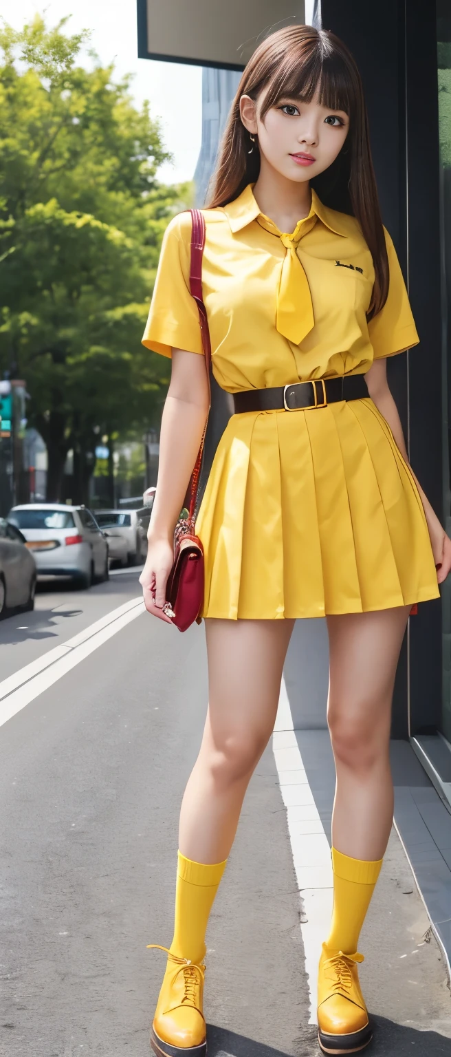 Pure Idol Girl Standing Proudly Upright、、Thick legs、 Mustard Yellow Pleated Mini Skirt、Wonder Belt、、、Red Shirt with Tie 、Good style、A pure girl's face