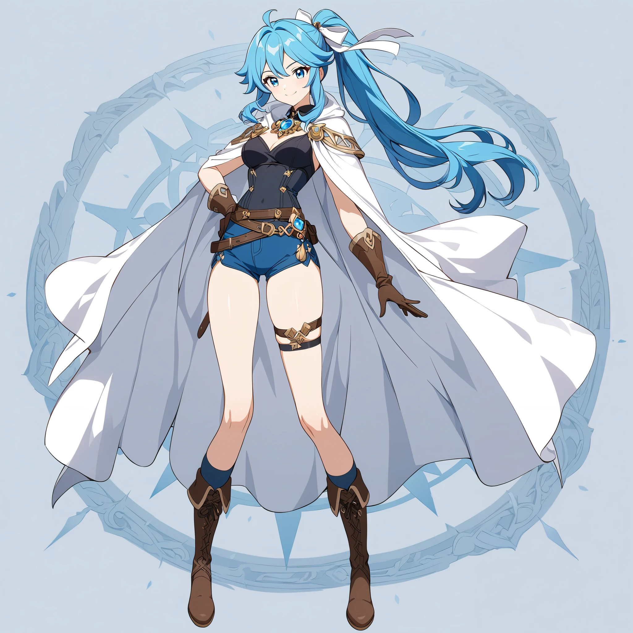 1girl, smile, white big ribbon, vivid blue hair, long blue ponytail, hair ribbon, white cape, black tank top, blue shorts, brown belt, brown boots, gloves, confident expression, standing pose, full body, anime art style, detailed design, highres, masterpiece, fantasy outfit, modern adventurer, ornate brooch, white and blue color palette, thigh-high socks, masterpiece, genshin art style, best quality, amazing quality, very aesthetic, highres, incredibly absurdres
