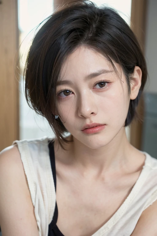  1 girl, Alone,  shortcut hair, japanese, androgynous, boyish, black hair, Droopy eyes, sleepy face,  high definition , accurate,  Anatomically Correct ,  High Quality , 気だるげな、美しい