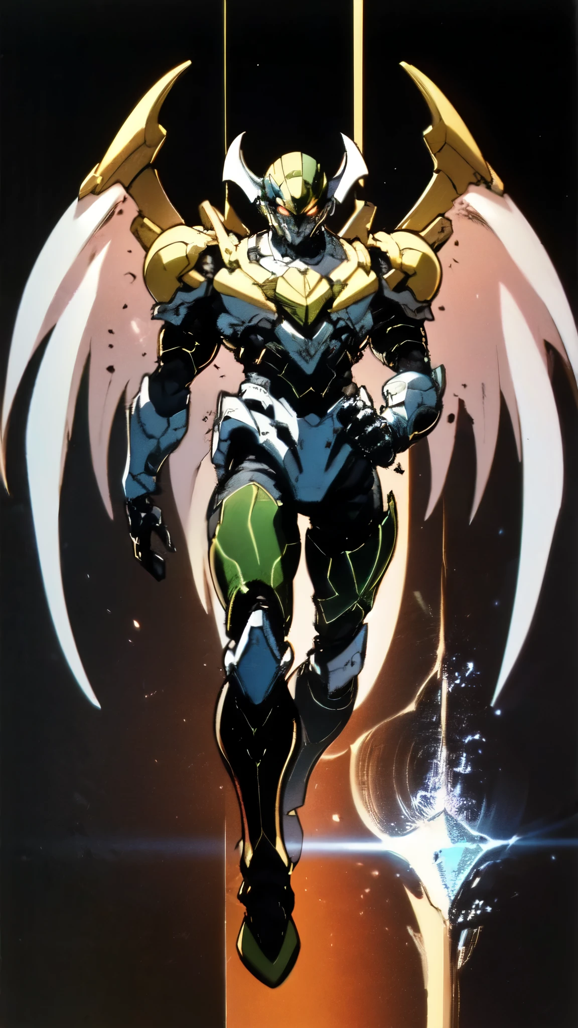 (masterpiece:1.5, best quality:1.5, extremely delicate:1.5), ((male:1.5)), a man wearing a full-face helmet, high-tech biomimetic armored combat suit, (a composite layered chest armor), the design balances heavy with agility, fully enclosed shoulder guards, matching arm and leg guards, a belt of gemstone, (the color scheme is primarily Yellow with Red and Purple accents, Organic Biotech, Concept Inspired by Vampire, glowing eyes, armor glows, huge cloak like devil wings, blood), stand of a futuristic sci-fi city, this character embodies a finely crafted fantasy-style armored hero in anime style, exquisite and mature art style, metallic, high definition, highres, ultra-detailed, ultra-fine painting, professional, perfect body proportions, golden ratio, anatomically correct, symmetrical face, extremely detailed eyes and face, high quality eyes, creativity, RAW photo, UHD, 32k, Natural light, cinematic lighting, (masterpiece-anatomy-perfect:1.2)