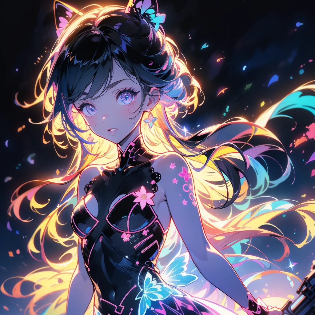1girl, pretty face、Baby Face、((( dynamic best composition 、 top quality、 Highest Masterpiece、 official art、 super detailed、 high definition、 perfect  )))、 neon color、マゼンダとシアンの neon color、 neon lights enhance cuteness、hologram、Very beautiful picture、black light tattoo、Floral、 body painting、Box Pleated Mini Skirt 、