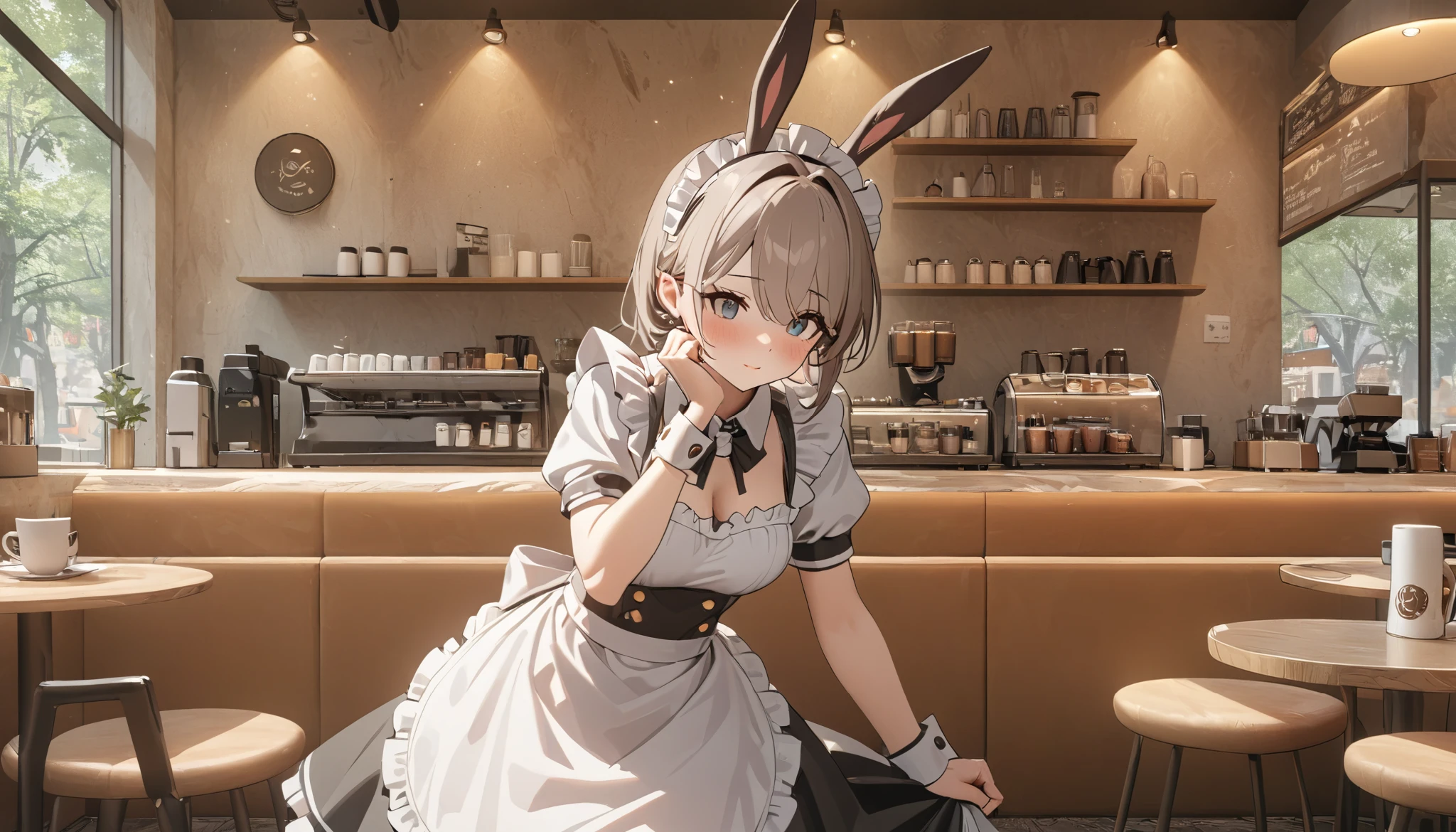 (((Best quality, 8k, Masterpiece: 1.3)), ((best quality)), ((masterpiece)), (detailed), perfect face, perfect body, (detailed skin:1.3), (intricate details), rabbit ears, maid, maid costume, maid apron, Taking a break in a cafe, coffee cup, drinking coffee