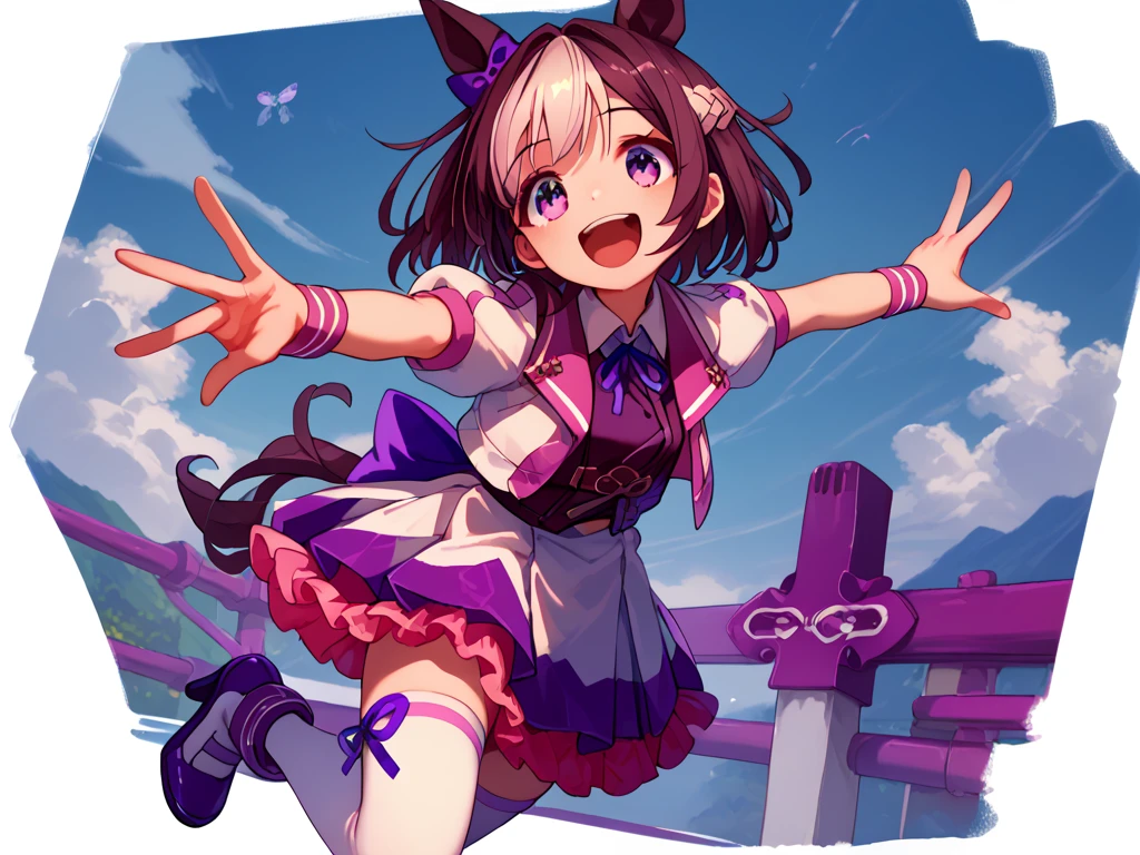 best quality, absurdres, masterpiece, 
special week \(Uma Musume\), 
smiling, making a V sign, ear bow, purple bow, puffy short sleeves, neck ribbon, blue ribbon, cropped jacket, white jacket, two-tone jacket, collared shirt, white shirt, purple vest, wristband, wrist cuffs, white skirt, pleated skirt, two-tone skirt, frilled skirt, frills,  zettai ryouiki, white thighhighs, white footwear, purple footwear, asymmetrical footwear, mismatched footwear, high heels, laughing, flushed, making a heart with hands