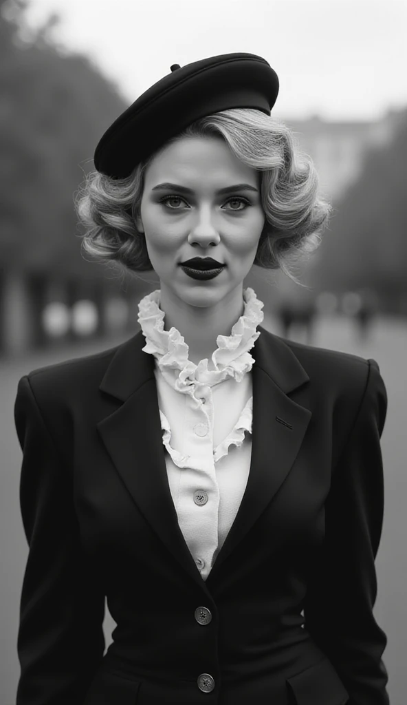 Black and White photographic, Front view, Full body , standing stylish model pose,  1930 years fashion ,Jewish Actress is  Scarlett Johansson, 30-age, blond classic hair,  dressed in male attire, black jacket,  middle skirt, white blouse with ruffles around the neck and sleeves, wearing a black beret hat.in Paris Park,  noon , ( super detailed,   High Details,  High Quality , Accurate,  anatomically correct , textured skin, beautiful fingers  super detailed,   High Details  ,  High Quality ,  High Quality )
