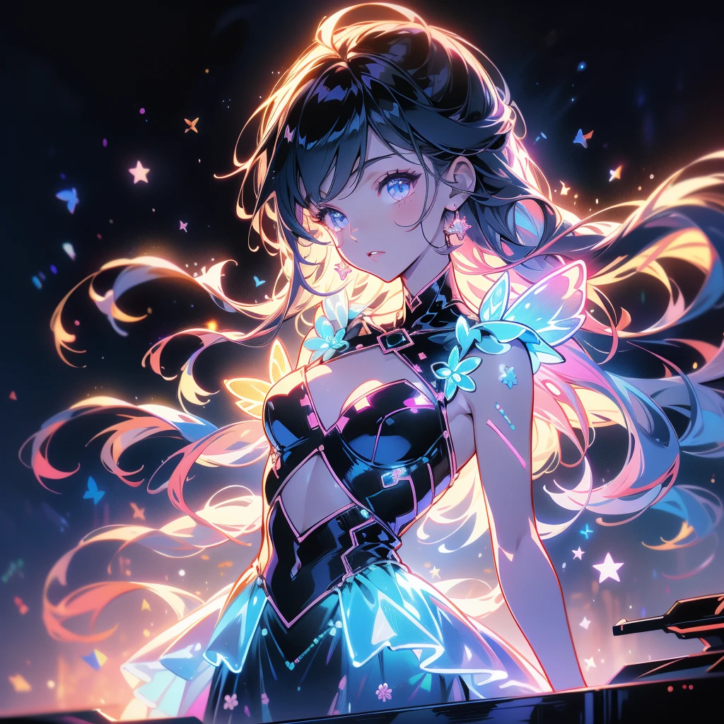 (((a dark room with millions of moving colorful lights))), a completely black silhouette of a naked woman among the lights, the silhouette has round breasts, big ass, thick leg, {16k CG unit wallpaper extremely detailed}, expansive landscape photography, (a low view with focus on the character), (wide open field view), (low angle shot), (high light: 1.5), (low light: 1.4), ( warm light source: 1.8), complex details, (iridescent colors: 1.8), (bright lighting), (atmospheric lighting), dreamy, unique