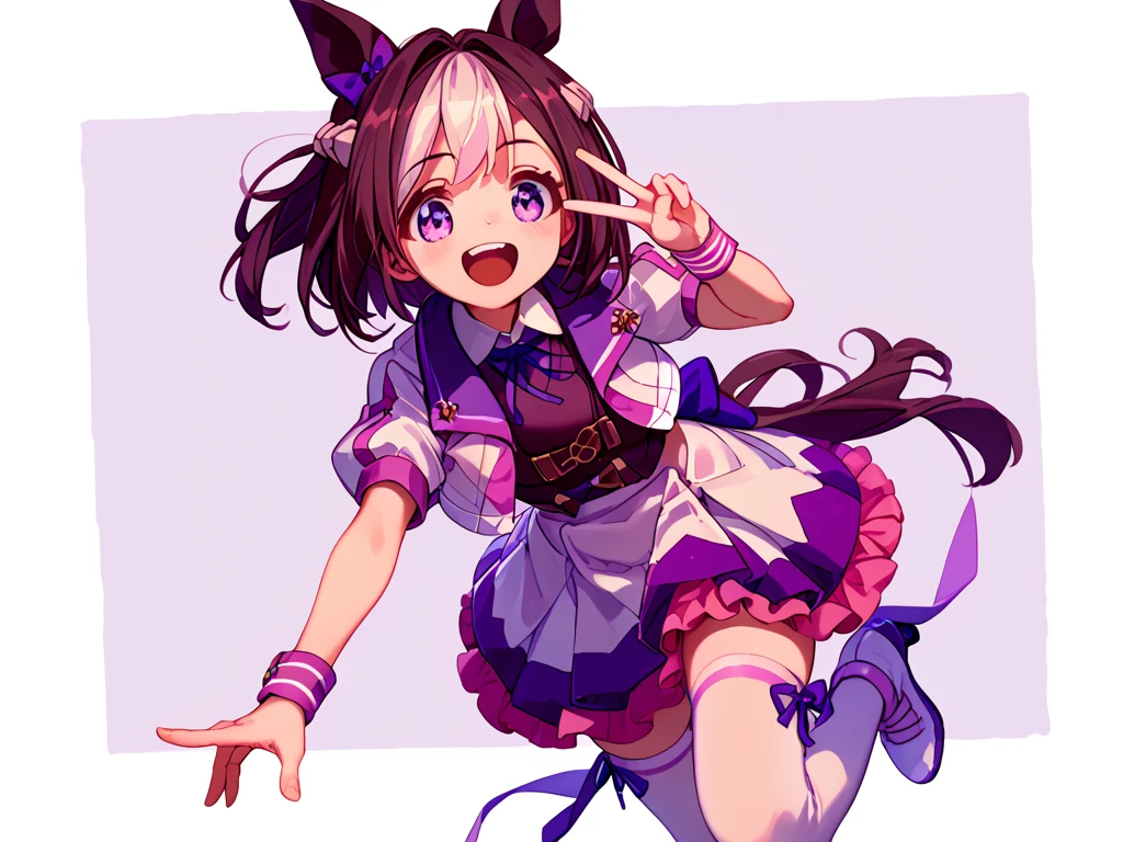 best quality, absurdres, masterpiece, 
special week \(Uma Musume\), 
smiling, making a V sign, ear bow, purple bow, puffy short sleeves, neck ribbon, blue ribbon, cropped jacket, white jacket, two-tone jacket, collared shirt, white shirt, purple vest, wristband, wrist cuffs, white skirt, pleated skirt, two-tone skirt, frilled skirt, frills,  zettai ryouiki, white thighhighs, white footwear, purple footwear, asymmetrical footwear, mismatched footwear, high heels, laughing, flushed, making a heart with hands