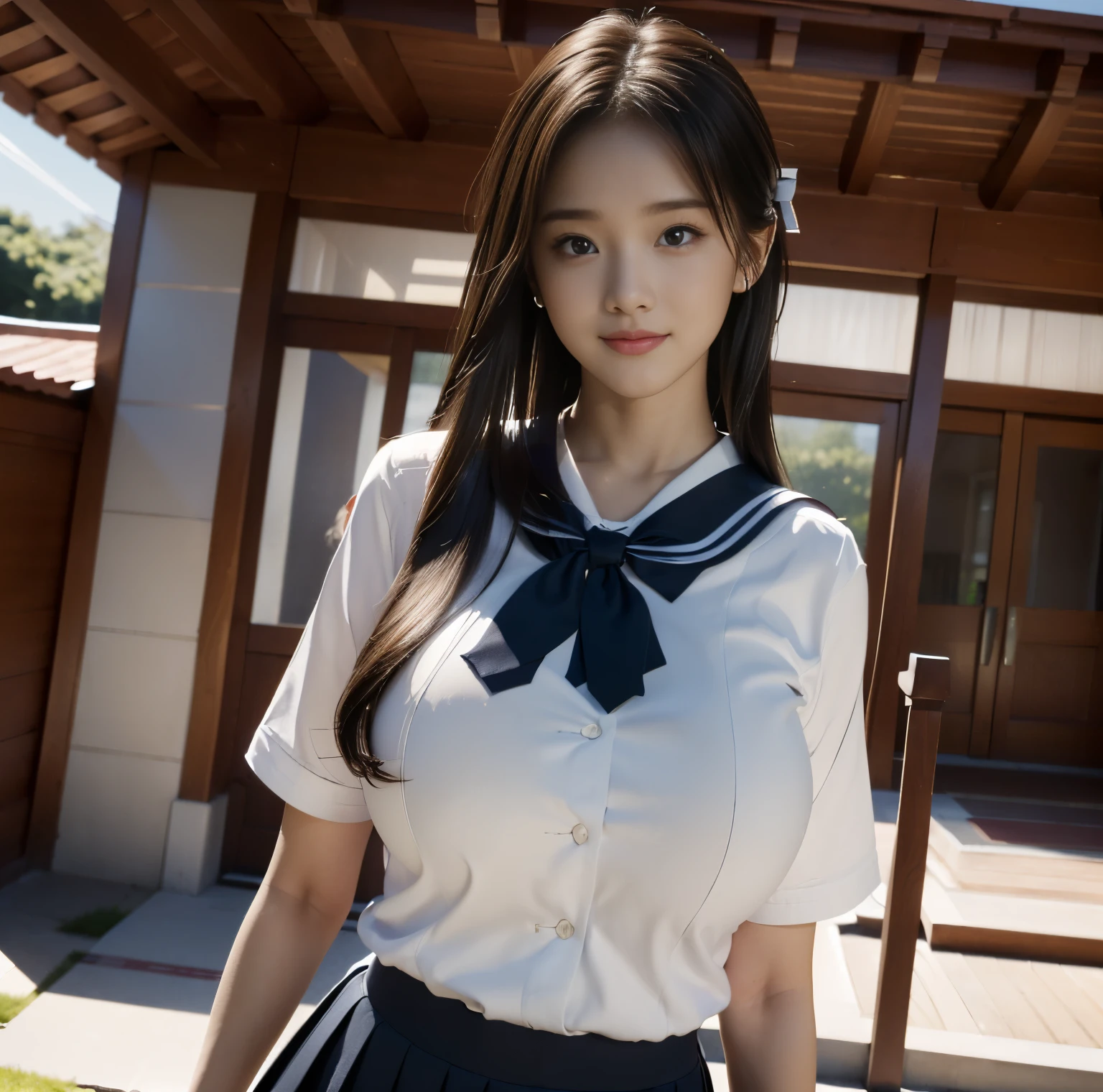 in 8K、超A high resolution、Top image quality、​masterpiece、A hyper-realistic、a picture、女の子1人、(:1.3)、Cute little girl utiful detail、(School Girl)、(Summer Uniforms:1.5ium big breasts:1.2)、(((radiant eyes))、
