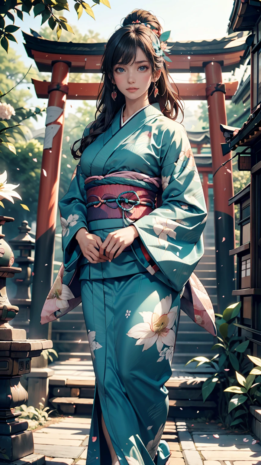 girl yukata, little body, little breast, (((all body artistic painting fullcolors pastel))), wonderfull yakuza tattoo work, multicolor hair, ((long hair pin with detailled decoration)), complex asian hairstyle, masterpiece, best quality, in bamboo forest, (((standing, front view
, all body)))