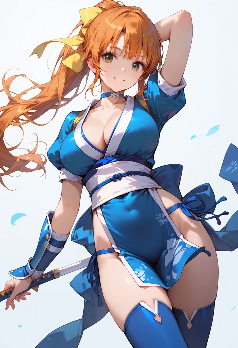 (score_8, score_8_up, masterpiece, highest quality, Perfect Anatomy:1.4, Exquisite detailed:1.3), (realistic:0.5), 
1 girl, ceiiai kasumidoa, ponytail, bangs, orange hair, brown eyes, large breasts, 
blue outfit, choker, white choker, cleavage, blue pelvic curtain, blue straps, side tied straps, thighhighs, white thighhighs, short sleeves, arm guards, hair ribbon, puffy short sleeves, yellow ribbon, white sash, bare arms, blue sleeves, blue japanese clothes, 
cute face, 
smile, looking at viewer,
standing, (legs apart:0.8), arm behind head, 
simple background 