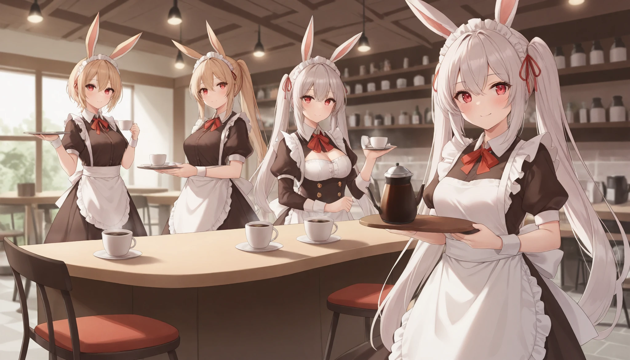 (((Best quality, 8k, Masterpiece: 1.3)), ((best quality)), ((masterpiece)), (detailed), perfect face, perfect body, (detailed skin:1.3), (intricate details), rabbit ears, maid, maid costume, maid apron, Taking a break in a cafe, coffee cup, drinking coffee