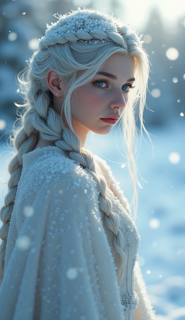 solo, snow, snowing, blonde hair, long hair, french braid, sidelocks, parted bangs, blue eyes, detailed face, winter clothes, mittens, white scarf, full body, snow covered forest, enchanting realm, (nose blush, heavy breathing:1.1), (gloomy:1.4)