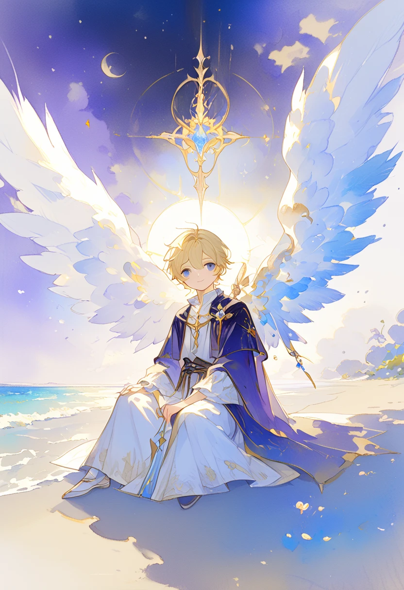  full body watercolor, A young angel man, Straight blonde hair,  blue eyes ,  white wings, Prince clothes , Medieval fantasy,  located in the lower right corner , low contrast watercolor , soft line ,  young man with a beautiful face , friendly, kind smile, cute,  extreme beauty , soft features, ethereal,  blue eyes , Blue eyes, Sitting on the beach watching a huge purple moon,  In the Starry Night 