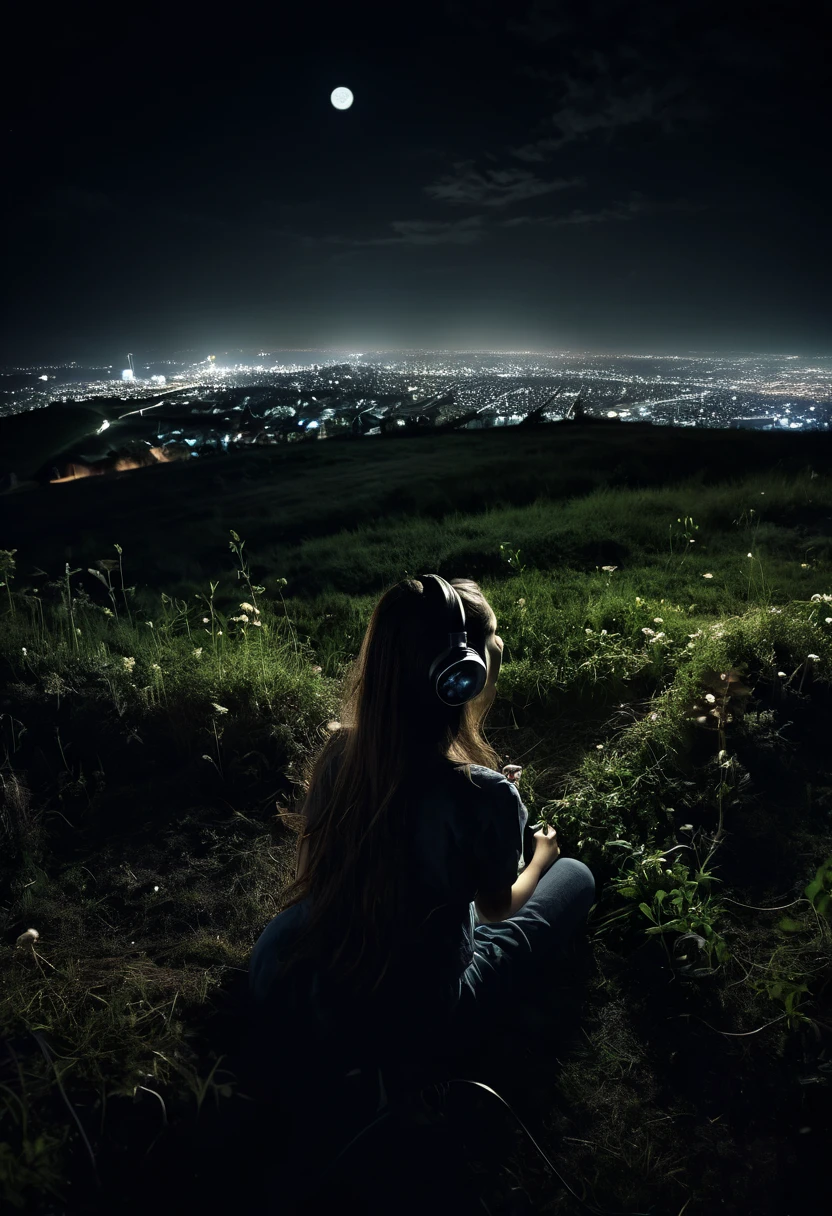 realistic picture, masterpiece, 1 woman, long hair, on the hill, sitting, Headset, ultra wide angle lens, weeds, hetero, sky, night city view, birds, full moon, dark atmosphere, wind, stars. Cinematic (fisheye lens) 