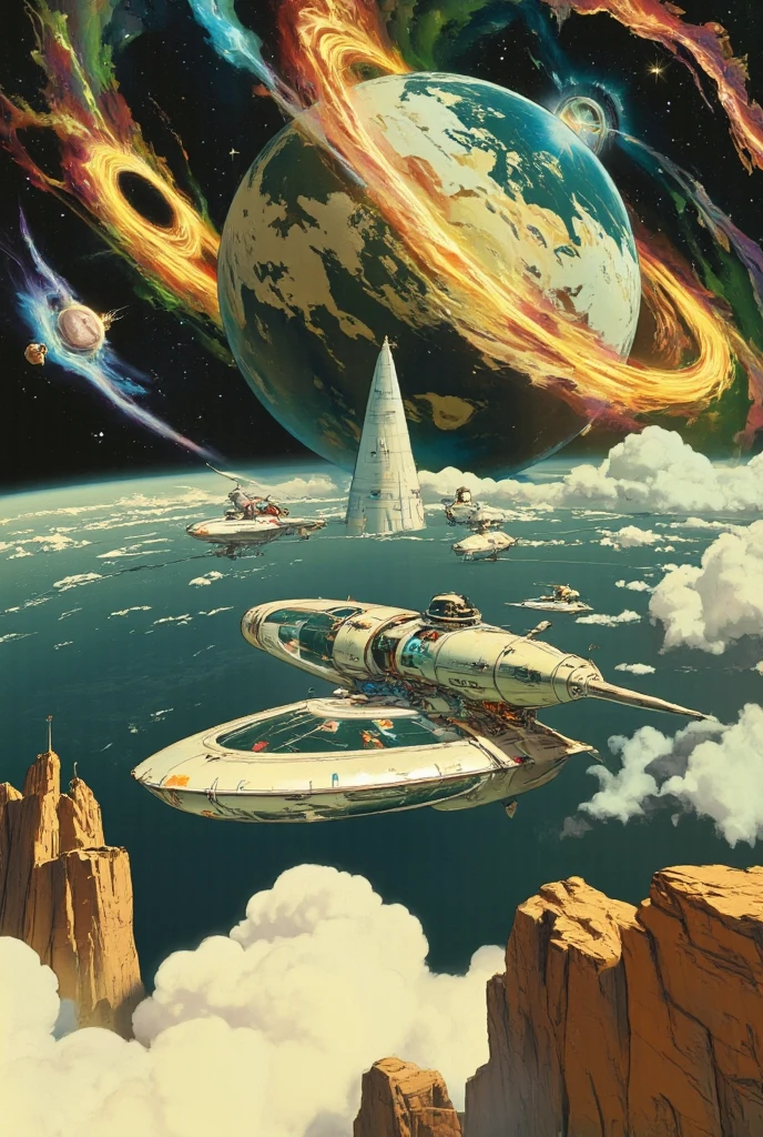 Picture a space station scene inspired by the classic vintage sci-fi illustration style, evoking the charm and imagination of mid-20th century speculative art. In this picture book style depiction, swirling galaxies provide a backdrop of wonder and awe, rendered in nostalgic shades and soft, dreamy lines. The Earth beneath glows with a retro-futuristic aura, capturing the spirit of an era that dreamed boldly of space exploration. The space station features design elements reminiscent of the pulp cover art, with sleek, rounded structures and whimsical technological details. Nebulae swirl around like painted skies from another world, casting a warm, tinted light over the scene. The overall effect is one of nostalgic imagination, a portal to a time when space was the final frontier and limitless possibilities awaited among the stars.